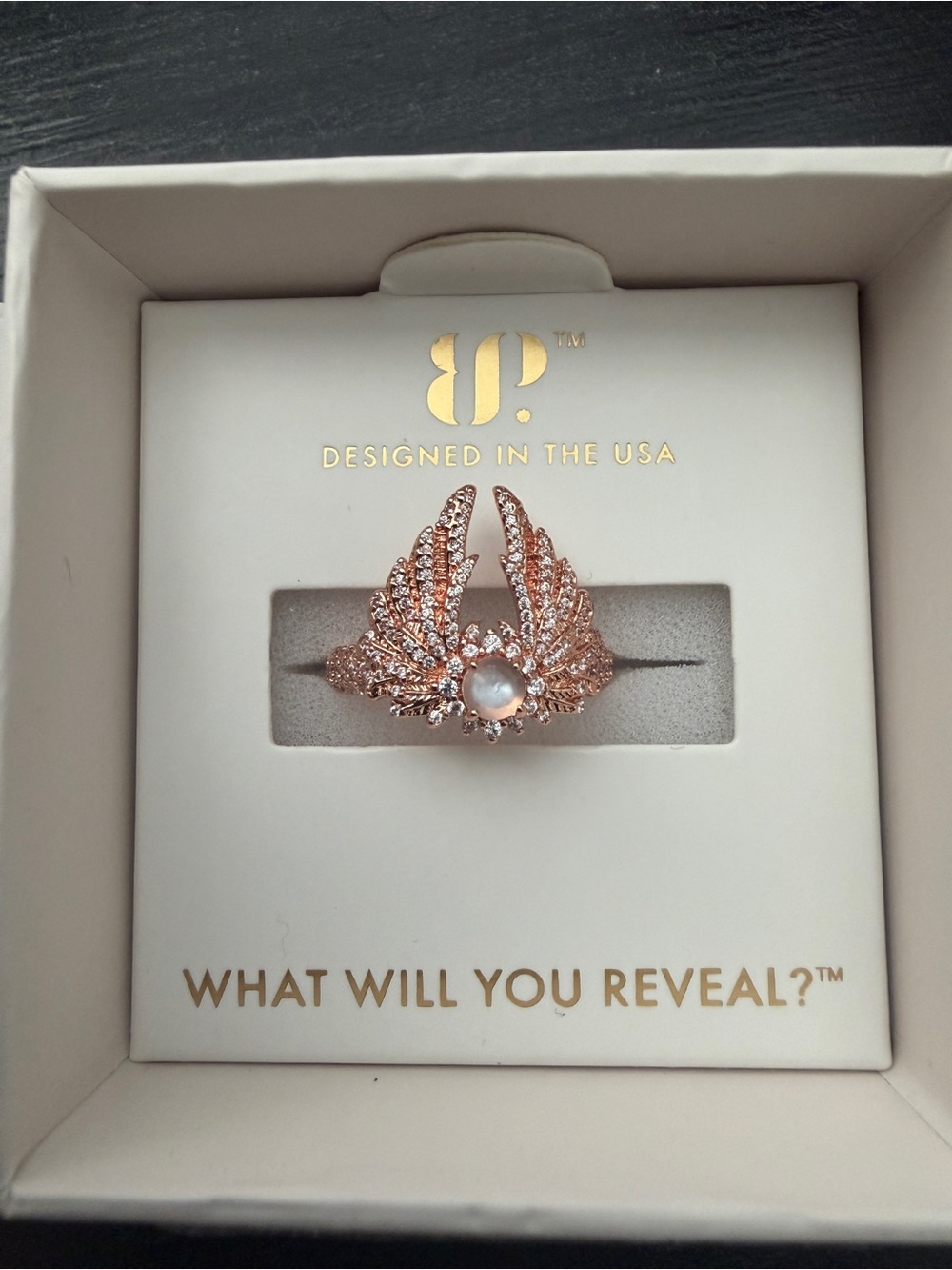 BP Halo collection Forever Lola Gold Winged Ring with genuine moonstone size 8